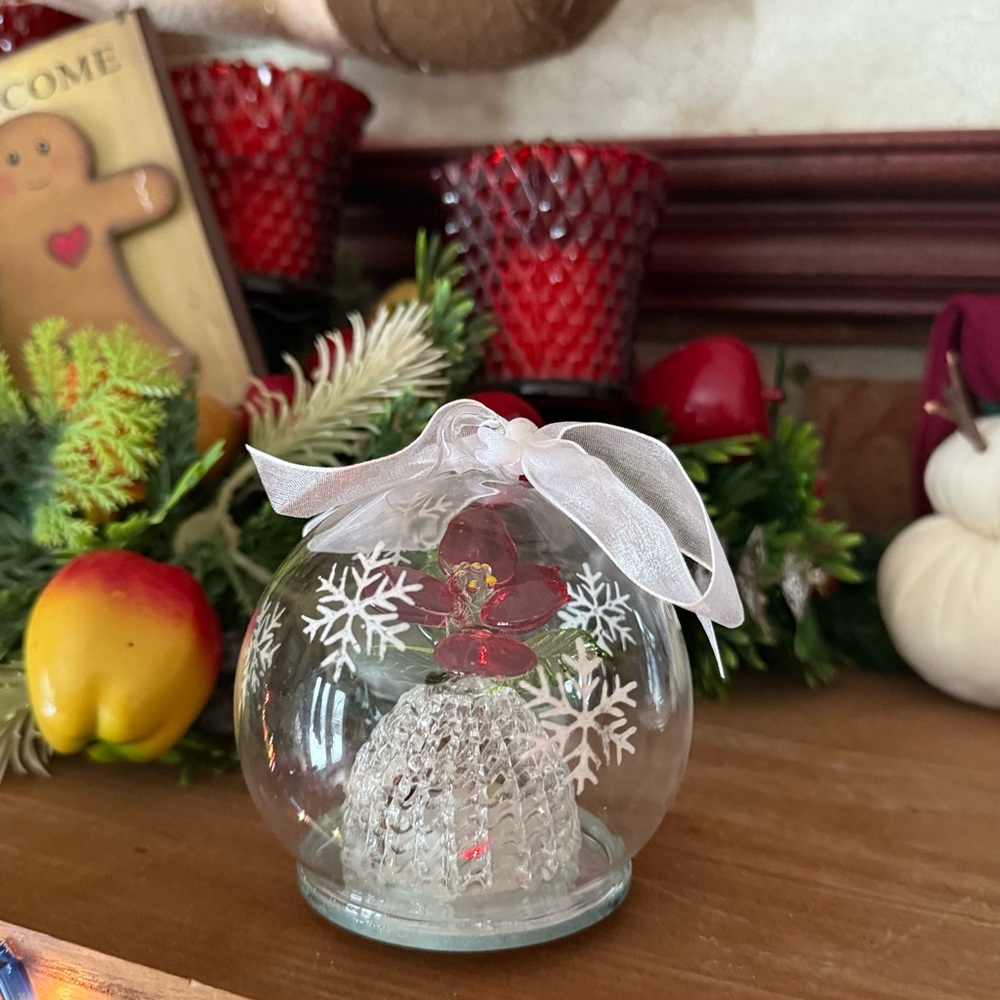 Glass Holiday Ornament with Red and White Accents